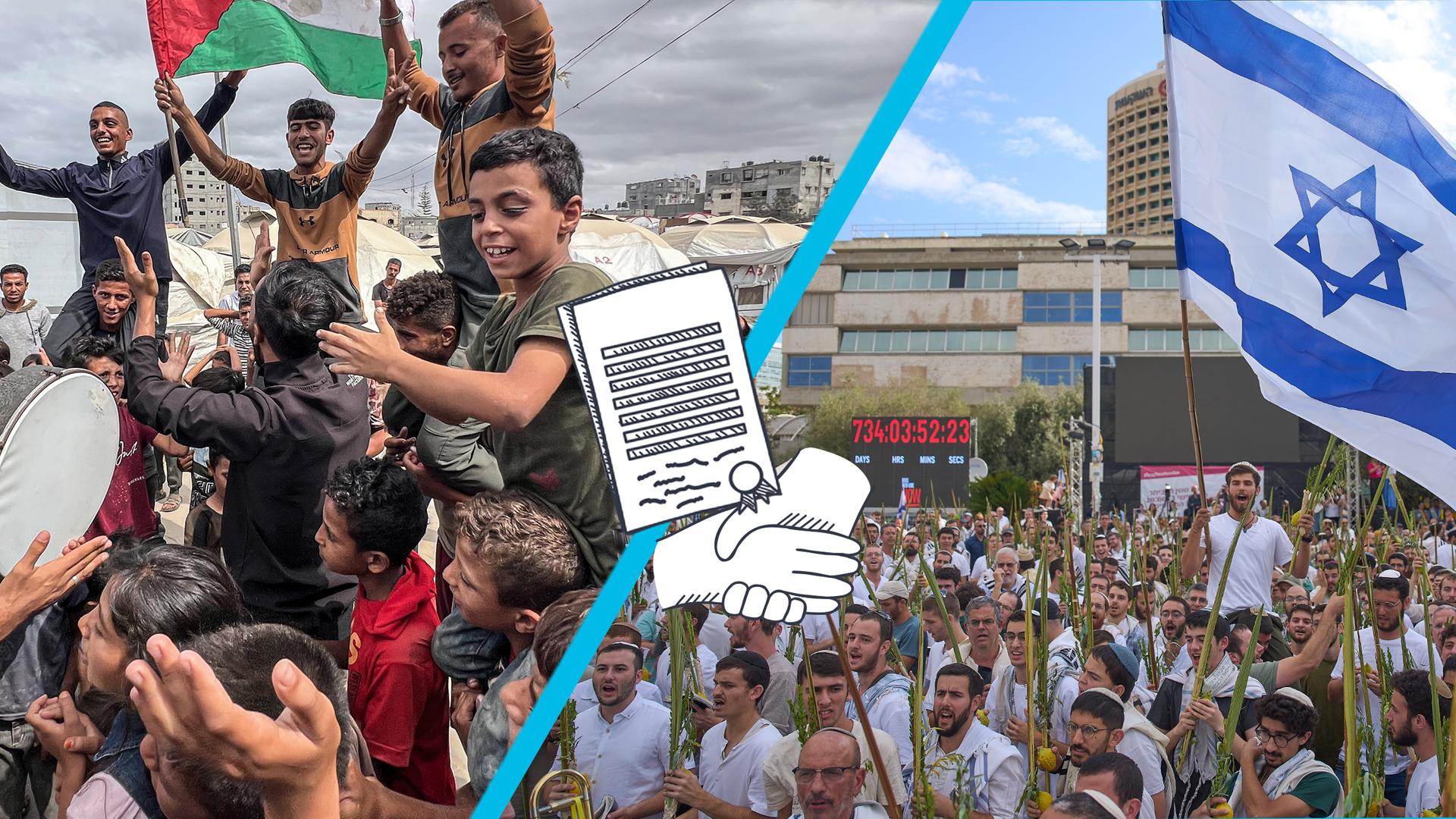 Viele Menschen feiern jubelnd den Friedensplan für das Ende des Kriegs zwischen Israel und Hamas. Sie schwenken palästinensische Fahnen und ein paar sitzen auf den Schultern anderer.