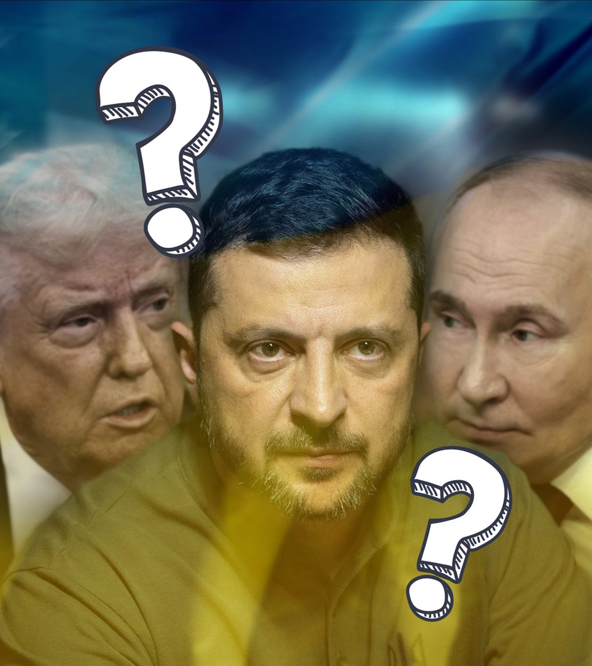 Auf dem Bild sind die Präsidenten Trump, Putin und Selenskyj zu sehen. Neben ihren Gesichtern sind Fragezeichen.