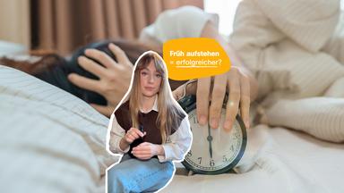 Johanna sitzt mit einem Mikro in der Hand, hinter ihr ist ein Bild von einem Wecker zu sehen, über ihr steht auf gelbem Hintergrund: Früh aufstehen = erfolgreicher?!