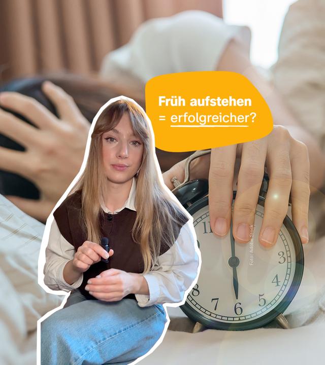 Johanna sitzt mit einem Mikro in der Hand, hinter ihr ist ein Bild von einem Wecker zu sehen, über ihr steht auf gelbem Hintergrund: Früh aufstehen = erfolgreicher?!