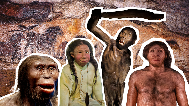 Neandertaler, Homo erectus, Homo habilis, Homo Heidelbergensis zusammen vor einer Höhlenmalerei