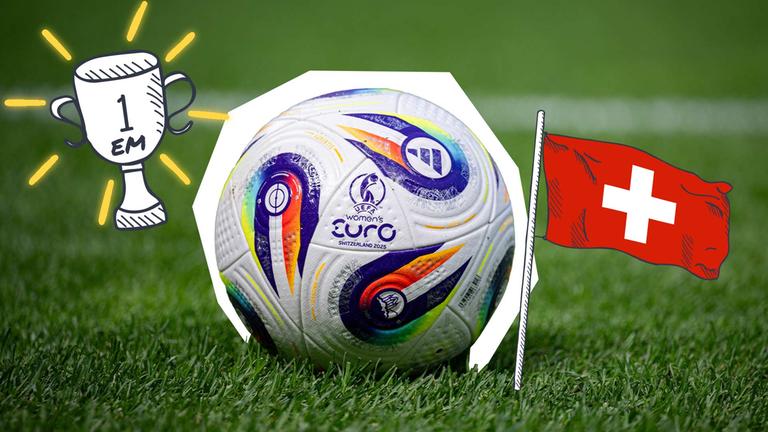 Der UEFA-Euro-Fußball liegt in der Mitte des Bildes auf dem Rasen, darum ein weißer Rand, daneben ein Pokal mit der Nummer 1 und EM darunter, rechts sieht man die Schweiz-Flagge
