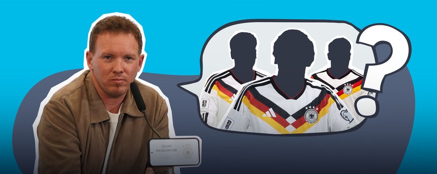 Julian Nagelsmann mit Schatten von Spielern und Fragezeichen