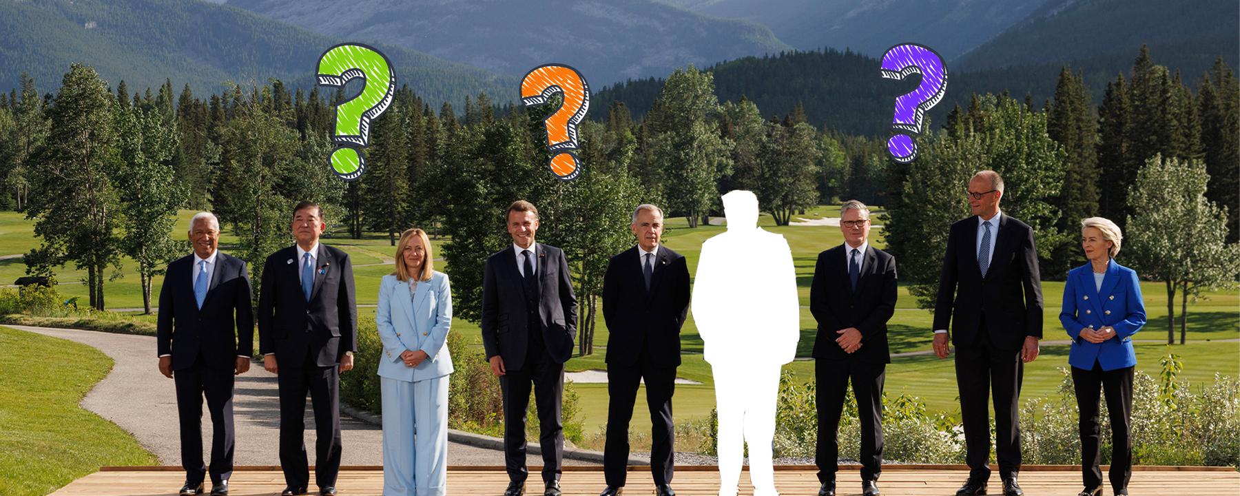 Länderchefs vor Bergpanorama, nur Donald Trump ist rausgeschnitten, Fragezeichen.