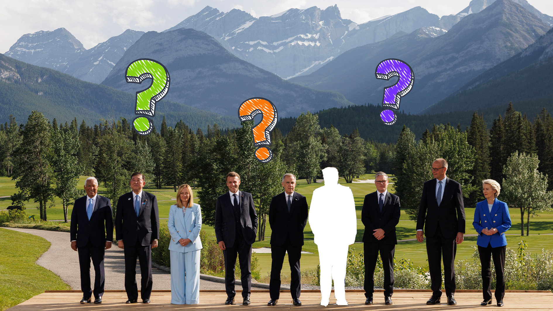 Länderchefs vor Bergpanorama, nur Donald Trump ist rausgeschnitten, Fragezeichen.