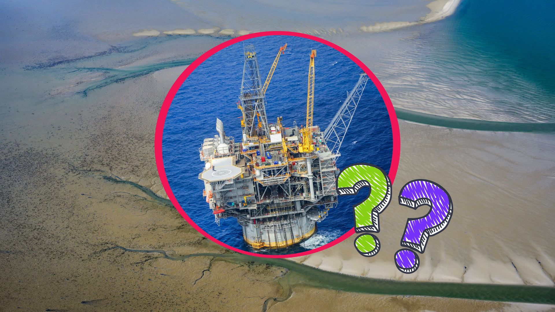 Blick aufs Wattenmeer mit Bohrinsel und Fragezeichen