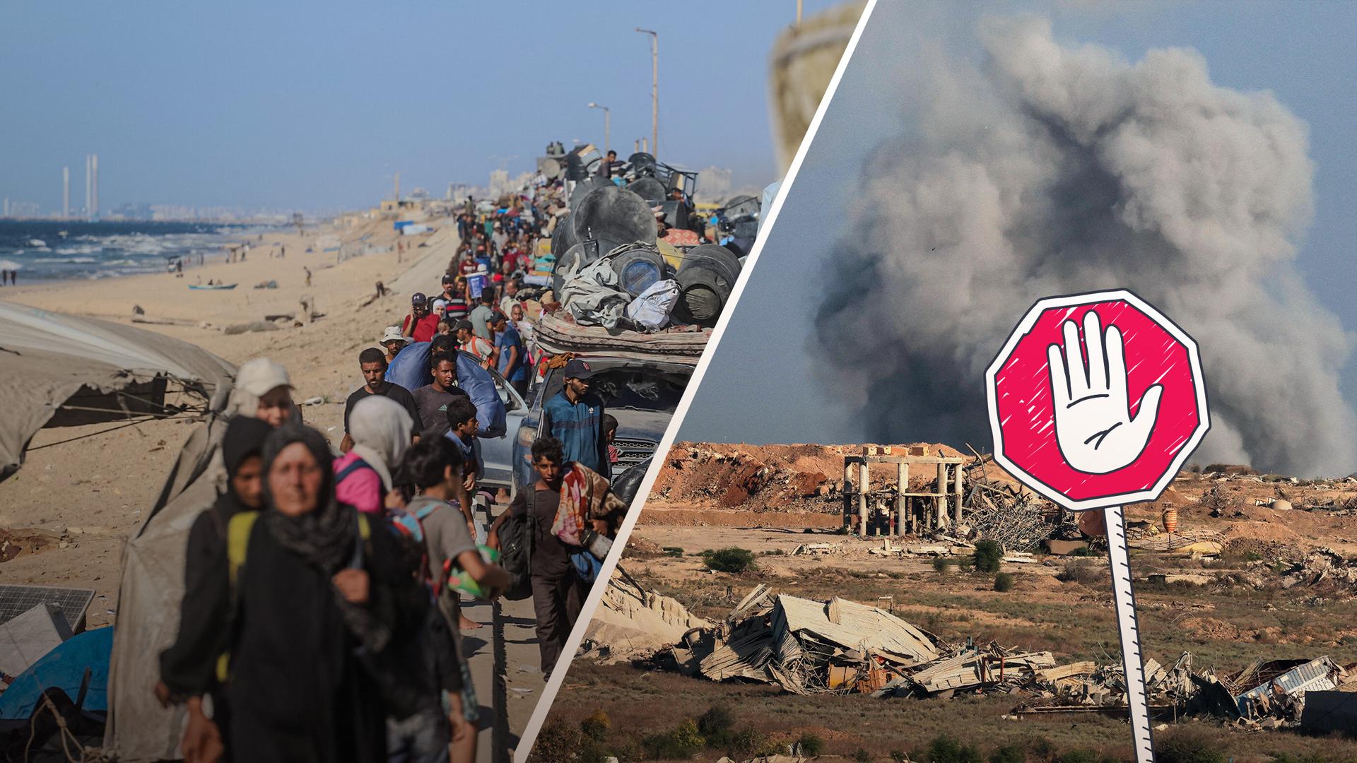 Mehrere Panzer rollen durch die Gegend. Menschen sind auf der Flucht. Ein Schild mit einer Hand, die "Stopp" zeigt.