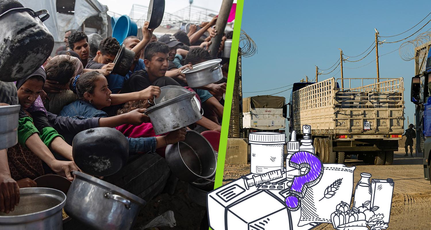 Auf der einen Seite warten Menschen im Gazastreifen auf Essen, auf der anderen kommen Lastwagen.