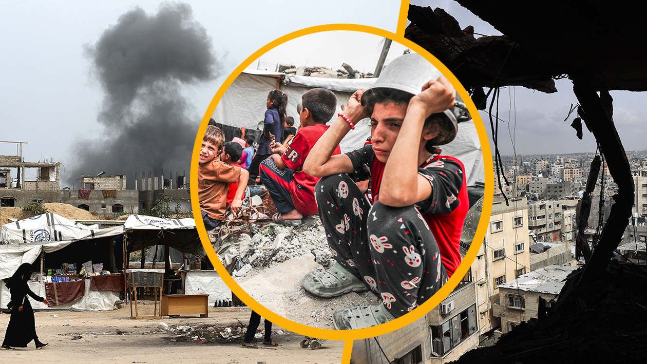 Hungerndes Kind, zerstörte Gebäude im Hintergrund