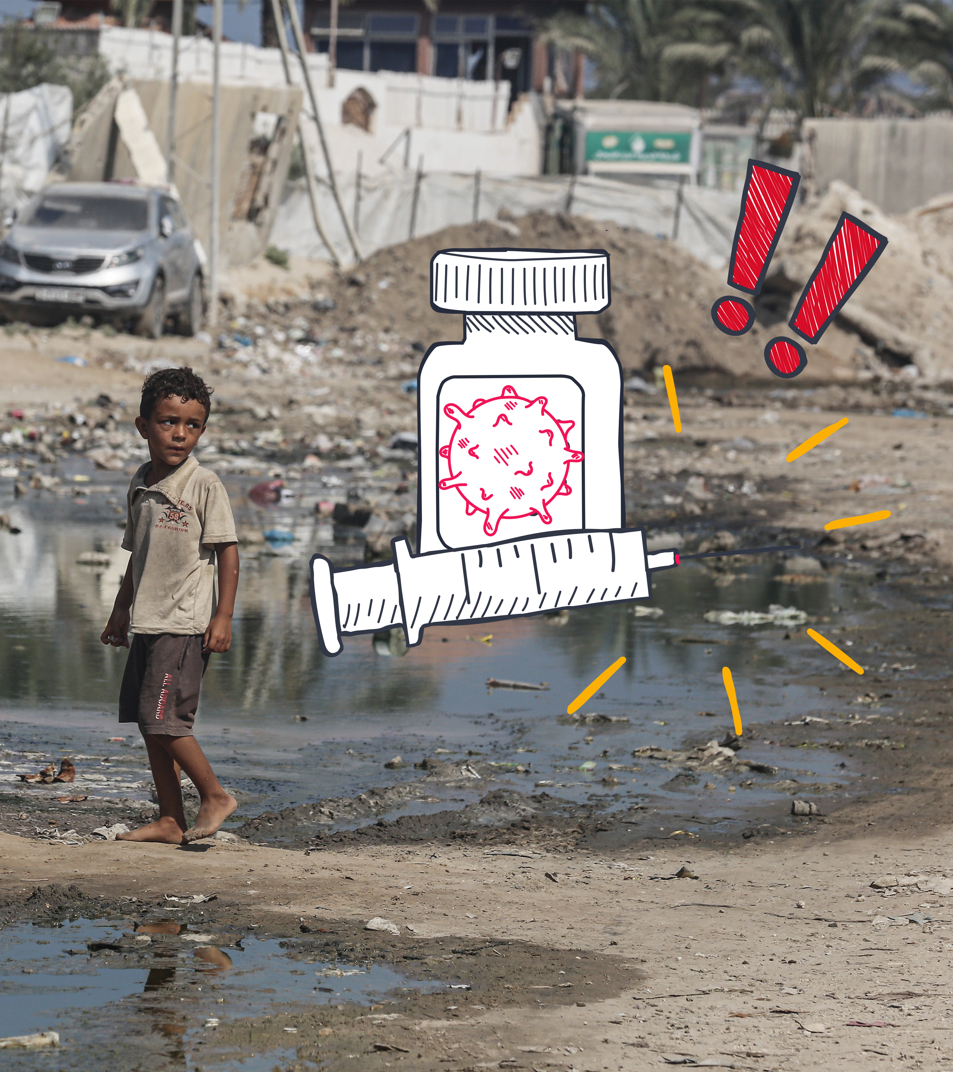 Kleiner Junge im Abwasser, daneben Grafik von Impfung mit Ausrufezeichen