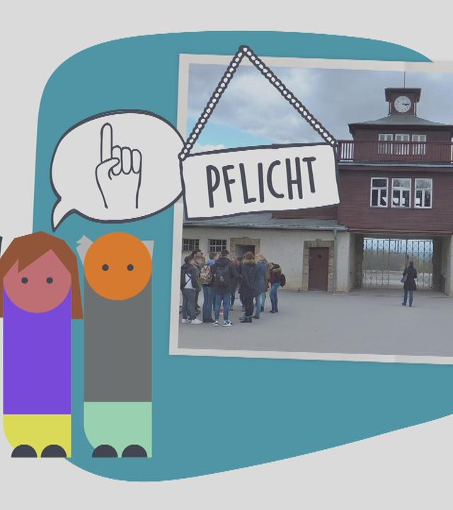 Drei Figuren stehen neben einer Gedenkstätte, darauf steht ein Schild mit der Schrift Pflicht und einem erhobenen Finger