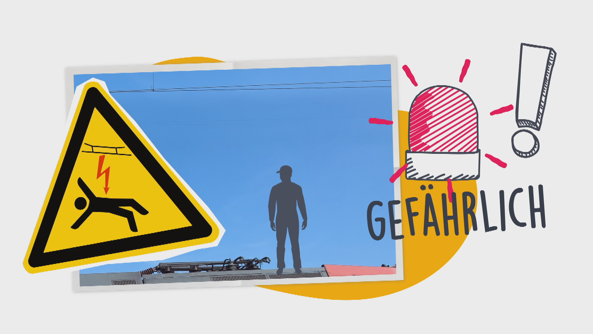 Ein Warnschild für Hochspannung ein Alarm ein Ausrufezeichen und ein Mensch sind zu sehen, zu lesen ist das Wort gefährlich