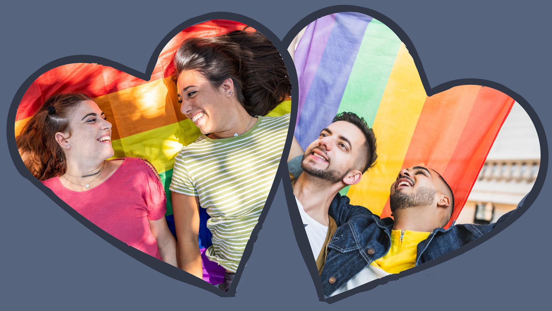 Zwei homosexuelle Pärchen mit Flaggen in Herzumrandung