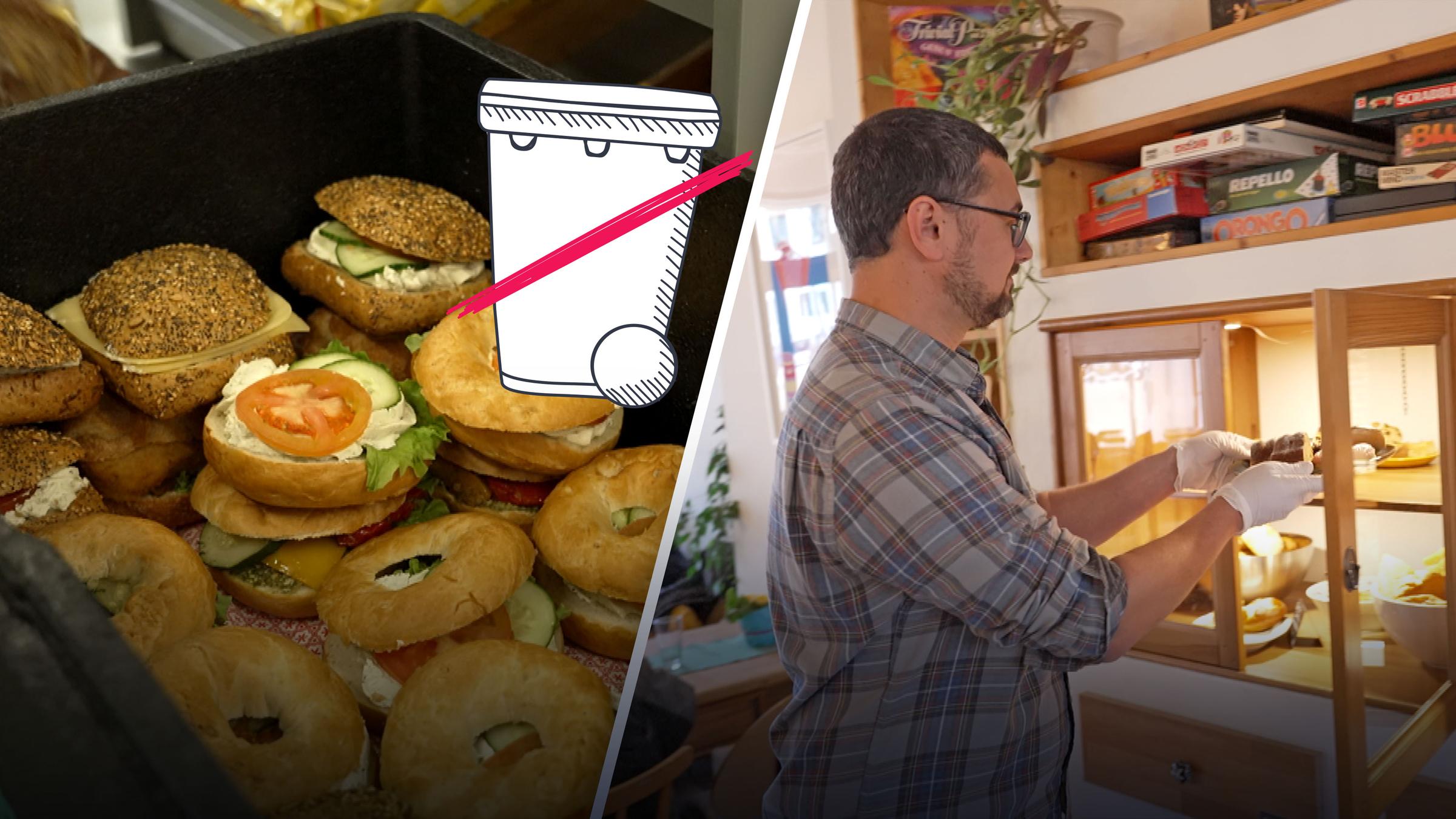 Eine Collage zeigt zwei Fotos nebeneinander, die durch eine weiße Linie voneinander getrennt sind. Links sieht man belegte Brötchen und rechts einen Mann, der einen Schrank mit Backwaren befüllt. Links sieht man außerdem eine Mülltonne, die durchgestrichen ist.