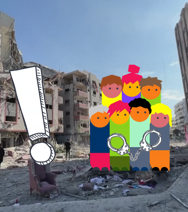Im Hintergrund sind zerstörte Häuser zu sehen, im Vordergrund ist ein Ausrufezeichen und eine Gruppe von Menschen zu sehen