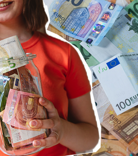 Eine Menge Geldscheine, im Vordergrund ein Mädchen mit einem Glas voll Geld. 