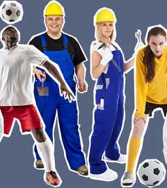 Ein Bauarbeiter, eine Bauarbeiterin, ein Fußballer, eine Fußballerin, ein Arzt und eine Ärztin stehen ausgeschnitten vor grau-blauem Hintergrund.