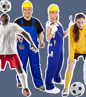 Ein Bauarbeiter, eine Bauarbeiterin, ein Fußballer, eine Fußballerin, ein Arzt und eine Ärztin stehen ausgeschnitten vor grau-blauem Hintergrund.