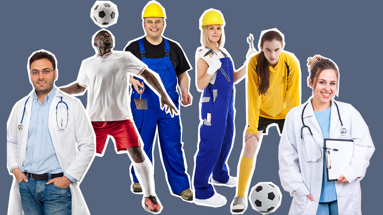 Ein Bauarbeiter, eine Bauarbeiterin, ein Fußballer, eine Fußballerin, ein Arzt und eine Ärztin stehen ausgeschnitten vor grau-blauem Hintergrund.