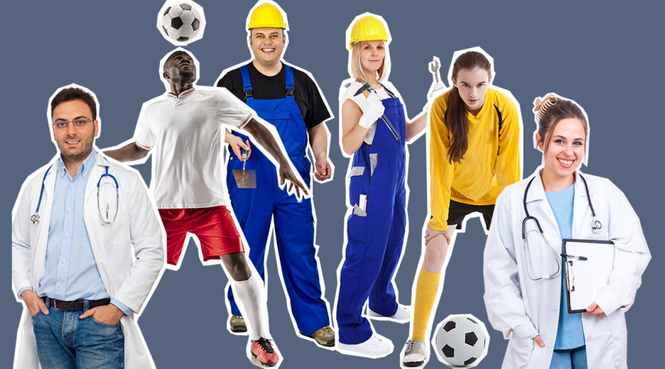 Ein Bauarbeiter, eine Bauarbeiterin, ein Fußballer, eine Fußballerin, ein Arzt und eine Ärztin stehen ausgeschnitten vor grau-blauem Hintergrund.