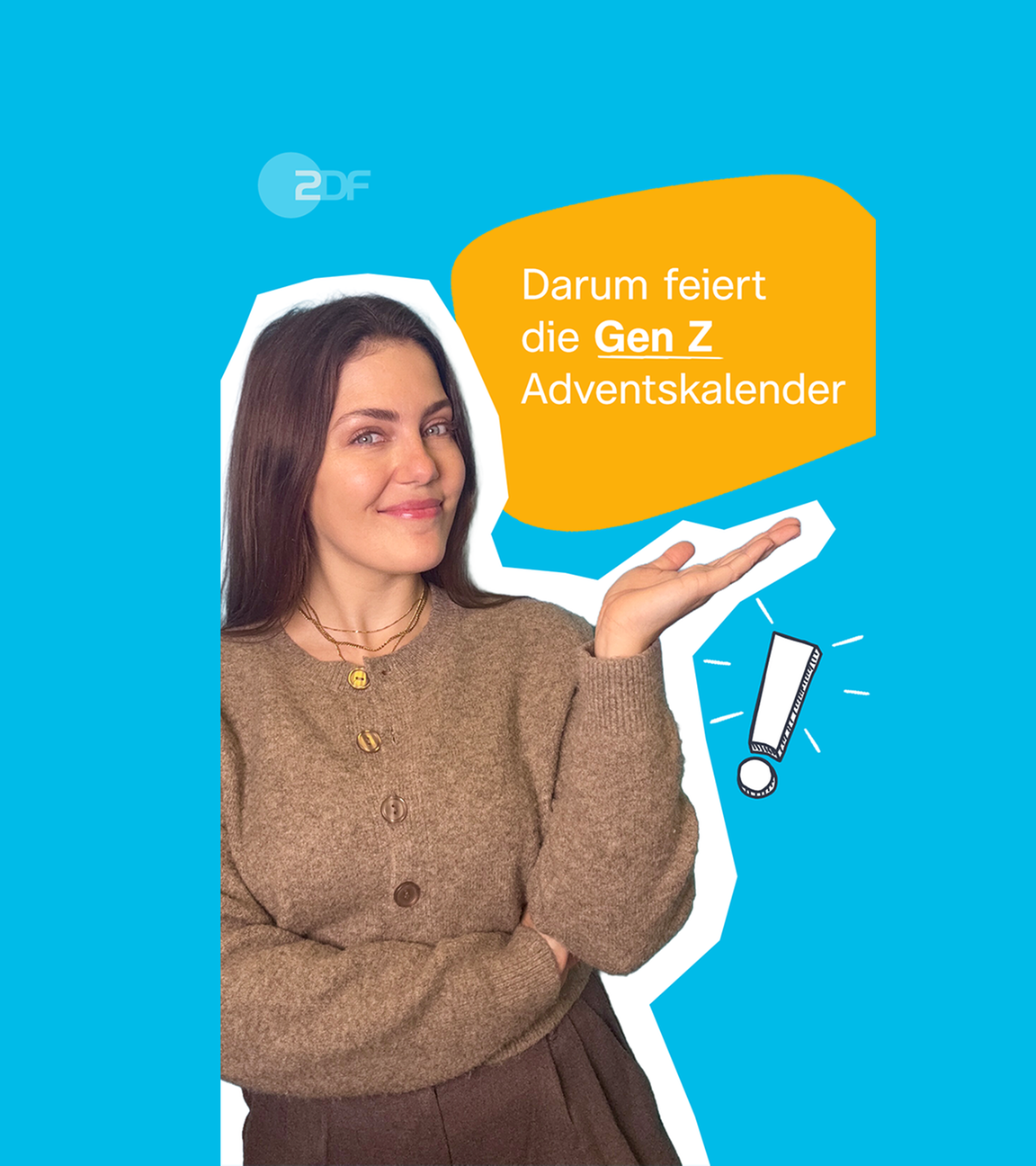 Eine braunhaarige Frau steht vor einem neutralen Hintergrund. Sie zeigt auf eine Sprechblase, darauf steht: "Darum feiert die Gen Z Adventskalender"