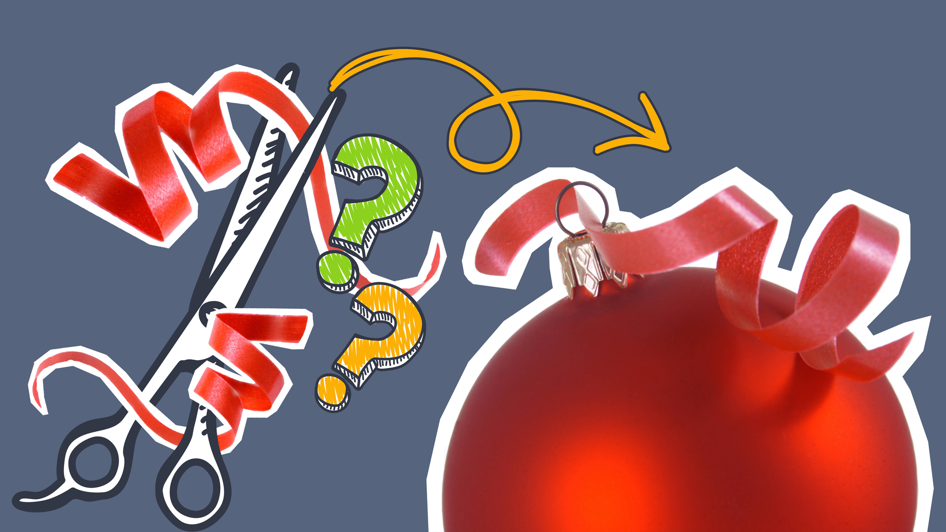 Weihnachtskugel mit Kringelband, Schere mit Geschenkband, Fragezeichen und Pfeil auf die Kringel.