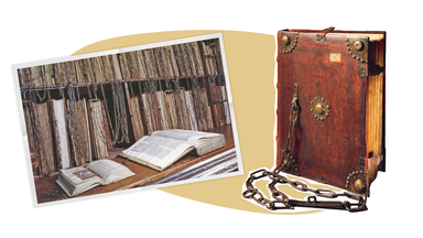 Die Collage zeigt zwei Fotos: Links zwei aufgeschlagene Bücher vor einem Bücherregal und daneben ein Buch mit einer Kette.