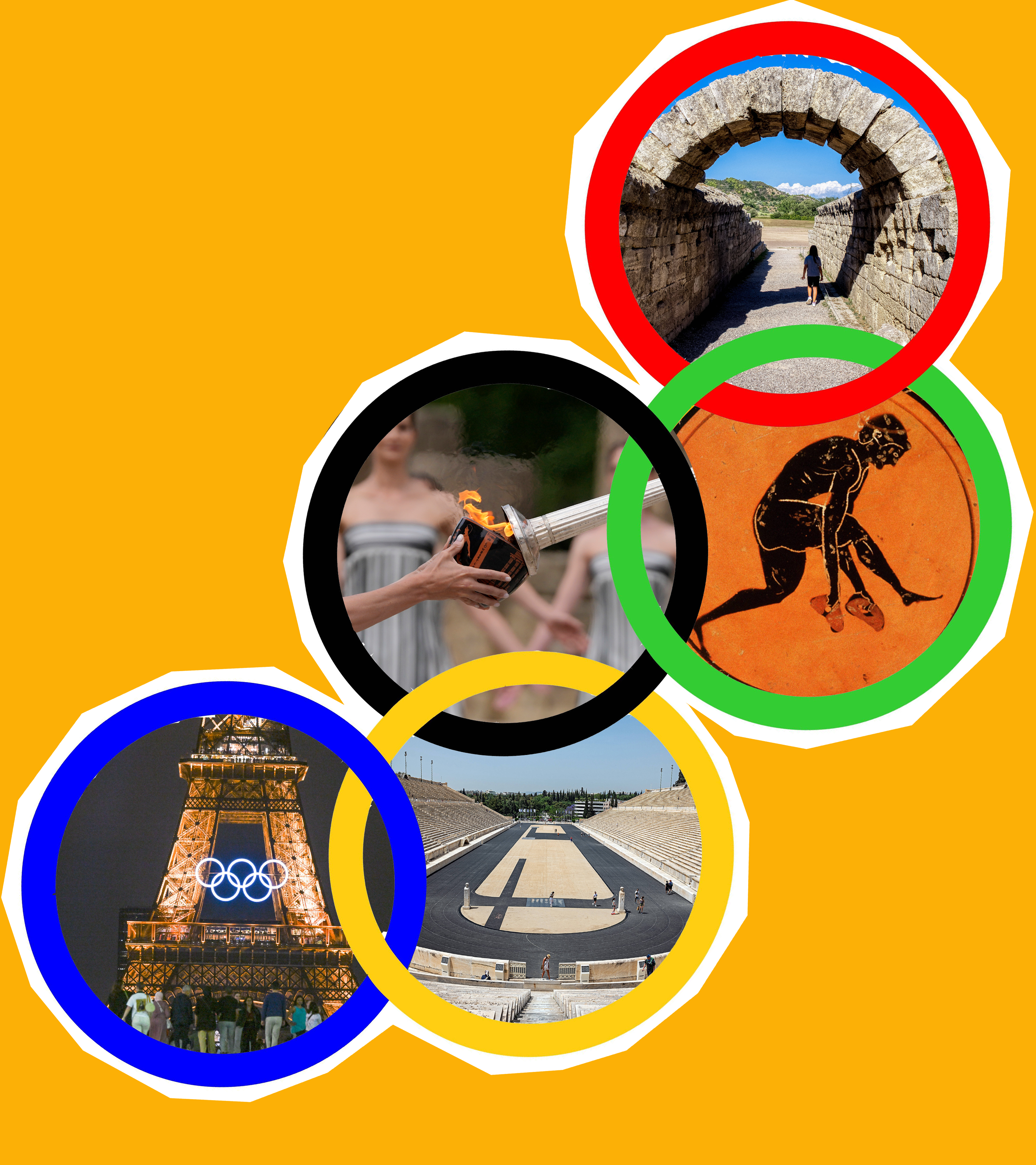 Olympishce Ringe, darin verschiedene Fotos von antiker Spielstätte, Eiffelturm, antiker Abbildung, olympisches Feuer