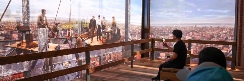 Menschen schauen sich durch digitale Fenster die Geschichte der US-Stadt New York an. 