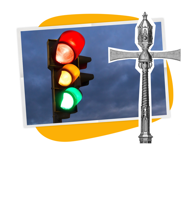 Vor orangem Hintergrund sieht man eine moderne Verkehrsampel, wie sie heute aussieht. Daneben ist die Zeichnung einer historischen Ampel abgebildet - also so, wie Ampeln früher aussahen.