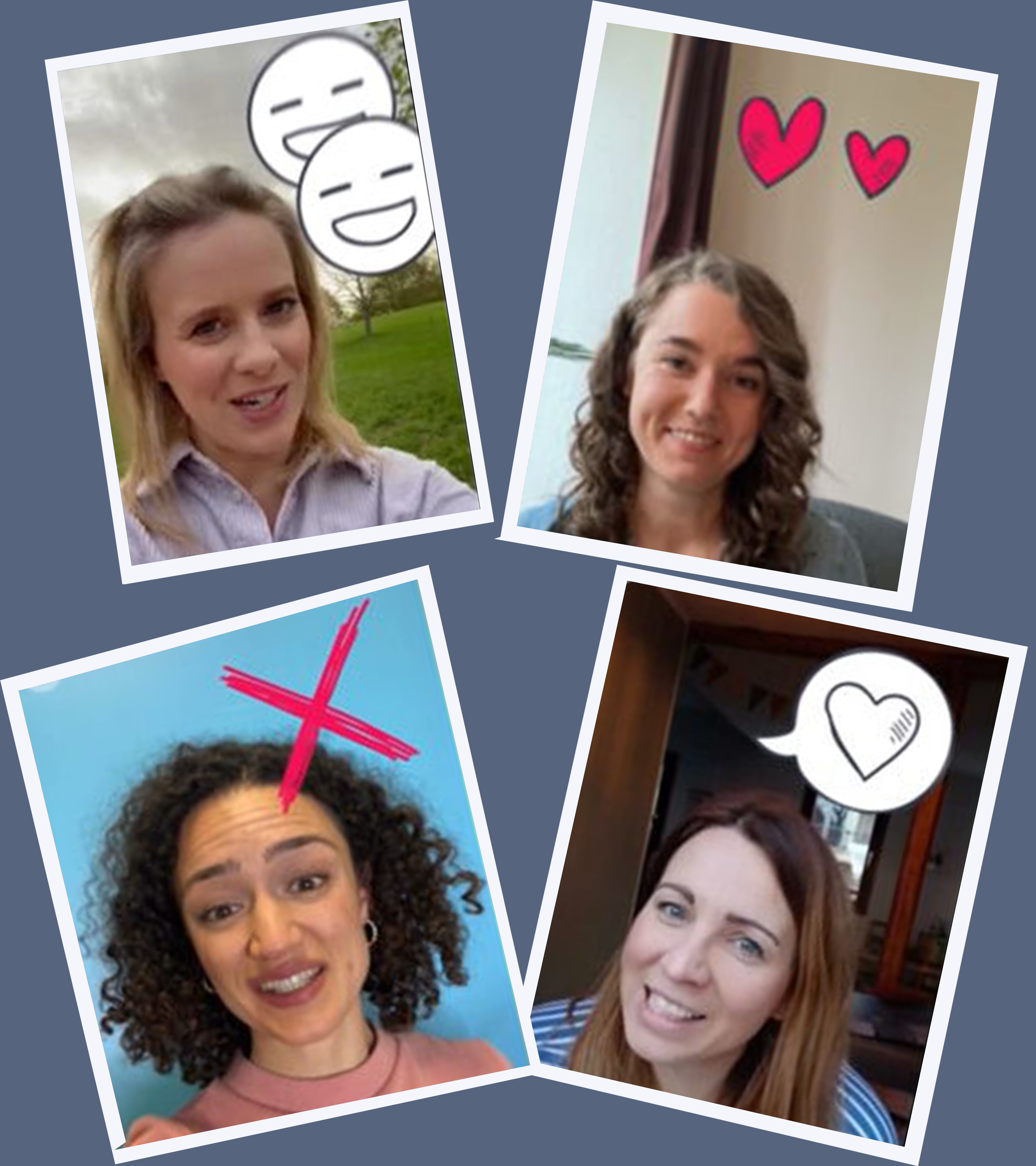 Linda, Lotte, Magda und Maral reden über ihre Geschwister - Fotos von ihnen auf grauem Hintergrund.
