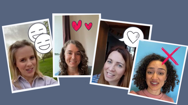 Linda, Lotte, Magda und Maral reden über ihre Geschwister - Fotos von ihnen auf grauem Hintergrund.