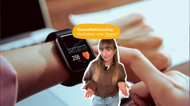 Eine Collage zeigt eine Frau, dahinter ein Foto einer Smartwatch, darüber steht auf gelbem Hintergrund: Gesundheitstracking: Motivation oder Stress?