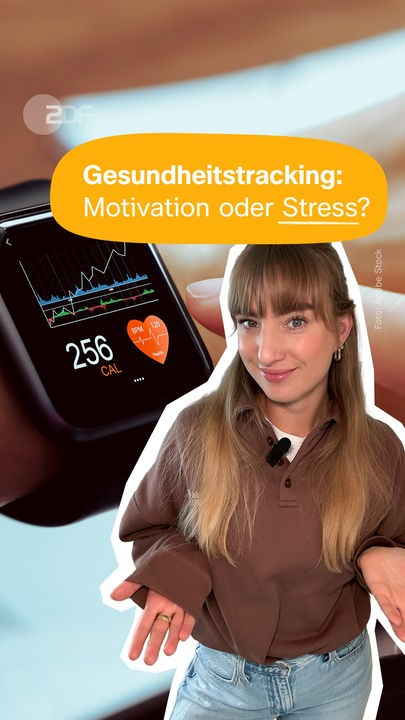 Eine Collage zeigt eine Frau, dahinter ein Foto einer Smartwatch, darüber steht auf gelbem Hintergrund: Gesundheitstracking: Motivation oder Stress?