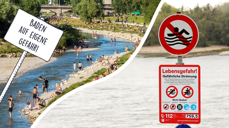 Split Screen: Auf der einen Seite Badestelle in der Isar, auf der anderen ein "Baden verboten"-Schild an einem anderen Fluss
