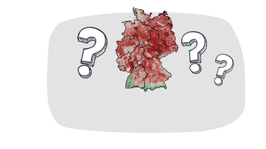 Grafik: Deutschlandkarte mit Markierungen, wo es Natur gut geht (grün) und wo nicht (rot)