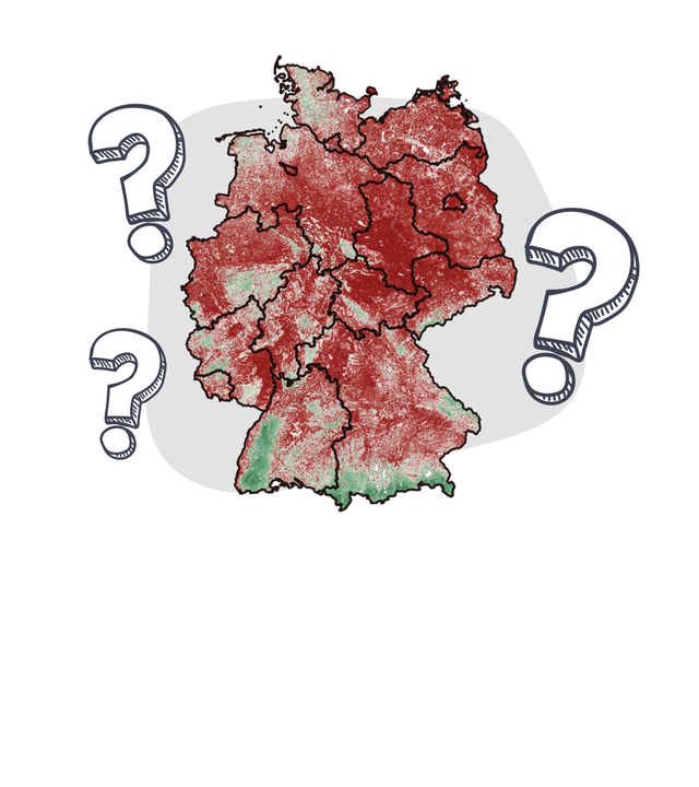 Grafik: Deutschlandkarte mit Markierungen, wo es Natur gut geht (grün) und wo nicht (rot)