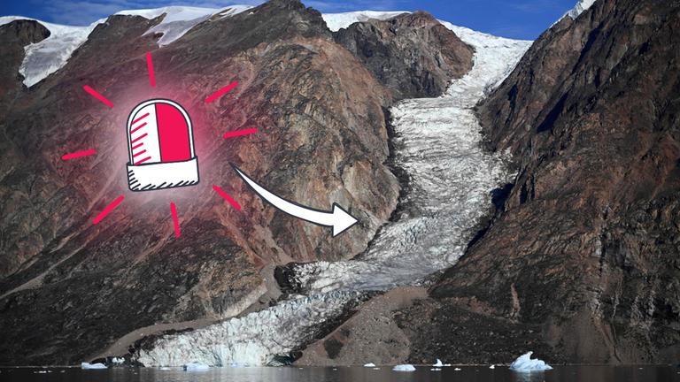 Gletscher, Alarm, Pfeil zeigt auf Eismasse