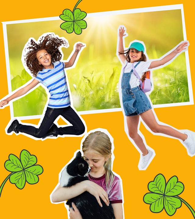 Drei glückliche Kinder, eines davon mit einer Katze, drei Kleeblätter, ein sonnenbeschiene Wiese auf gelbem Hintergrund