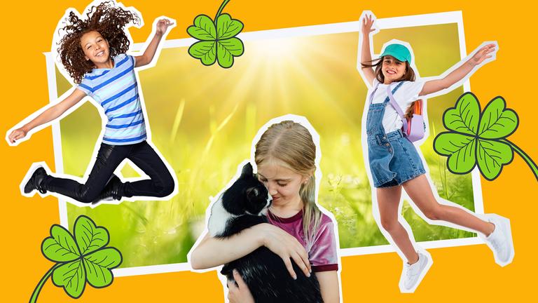 Drei glückliche Kinder, eines davon mit einer Katze, drei Kleeblätter, ein sonnenbeschiene Wiese auf gelbem Hintergrund