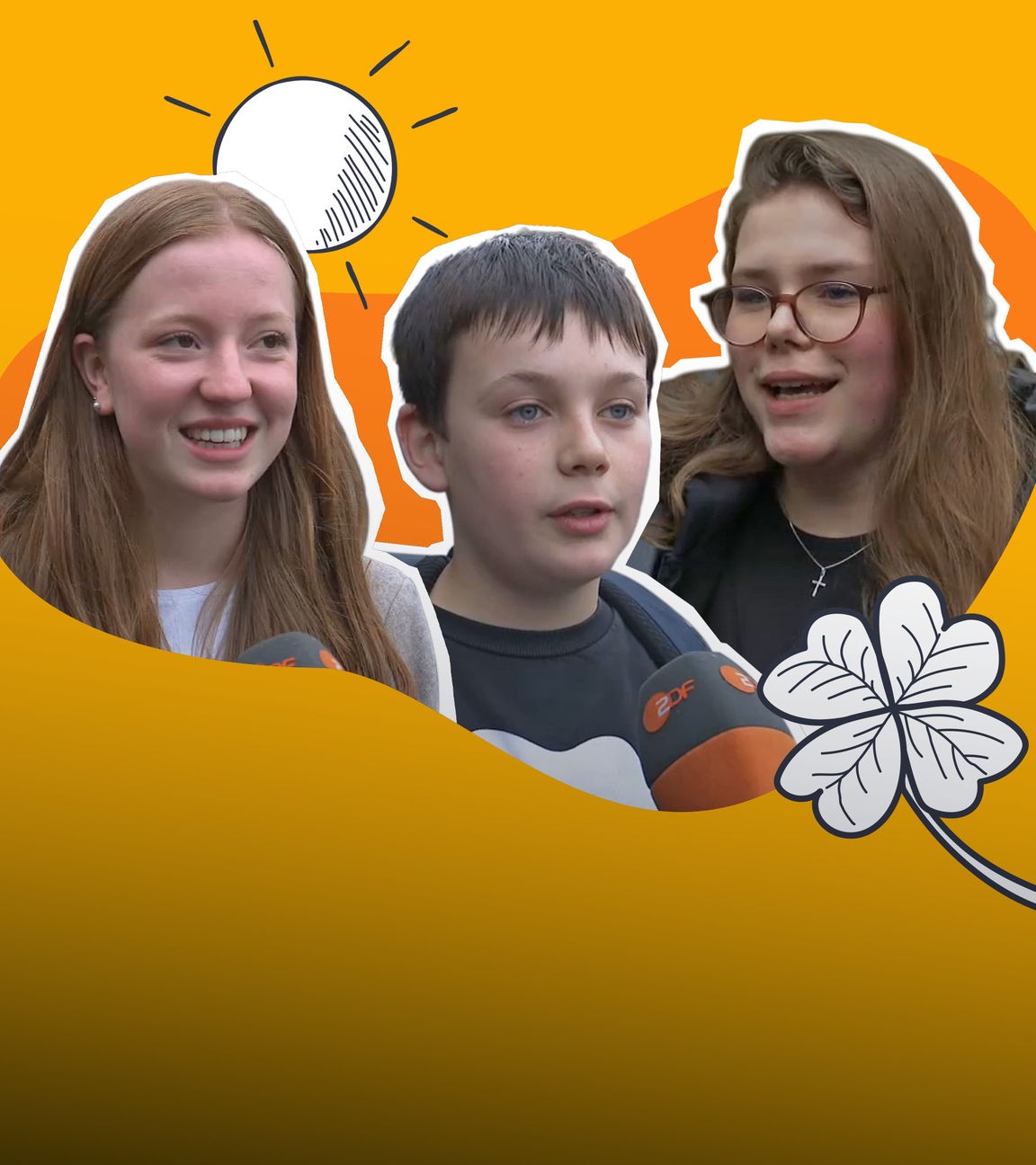 Bildcollage: Drei Kinder als Cutout, dazu grafisches Kleeblatt und grafische Sonne vor gelb-orangenem Hintergrund