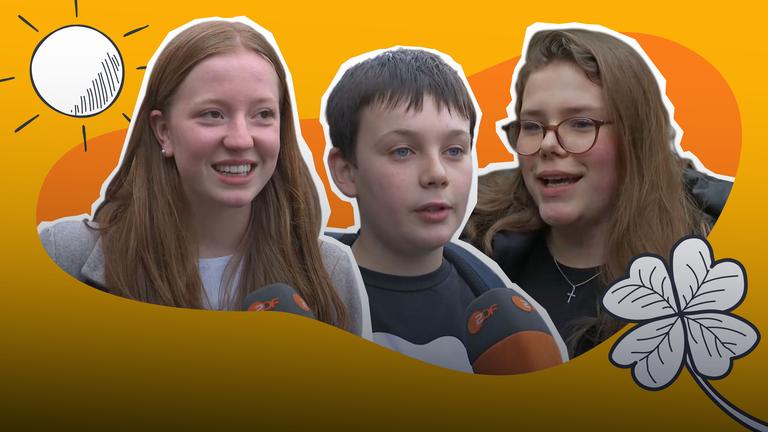 Bildcollage: Drei Kinder als Cutout, dazu grafisches Kleeblatt und grafische Sonne vor gelb-orangenem Hintergrund