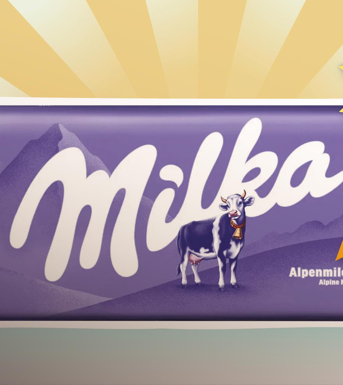 Tafel Milka-Schokolade, daran klebt Siegel mit Windbeutel, bunter Strahlenhintergrund