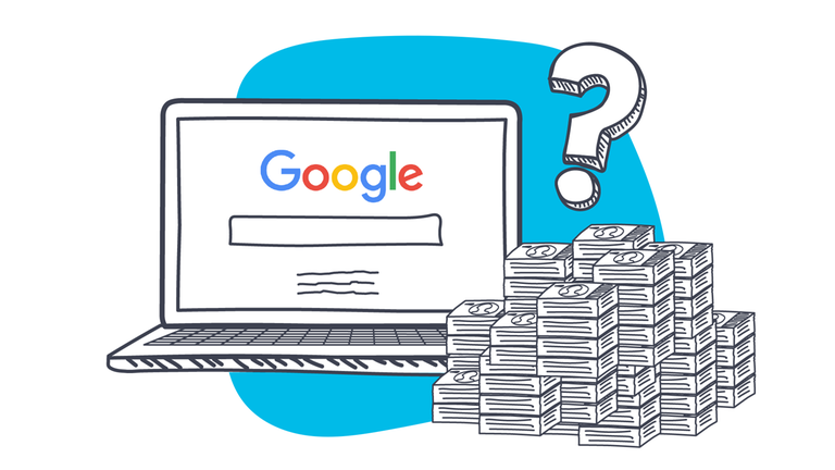 Grafik: Computerbildschrim mit Googlesuchleiste, daneben Geldhaufen und Fragezeichen