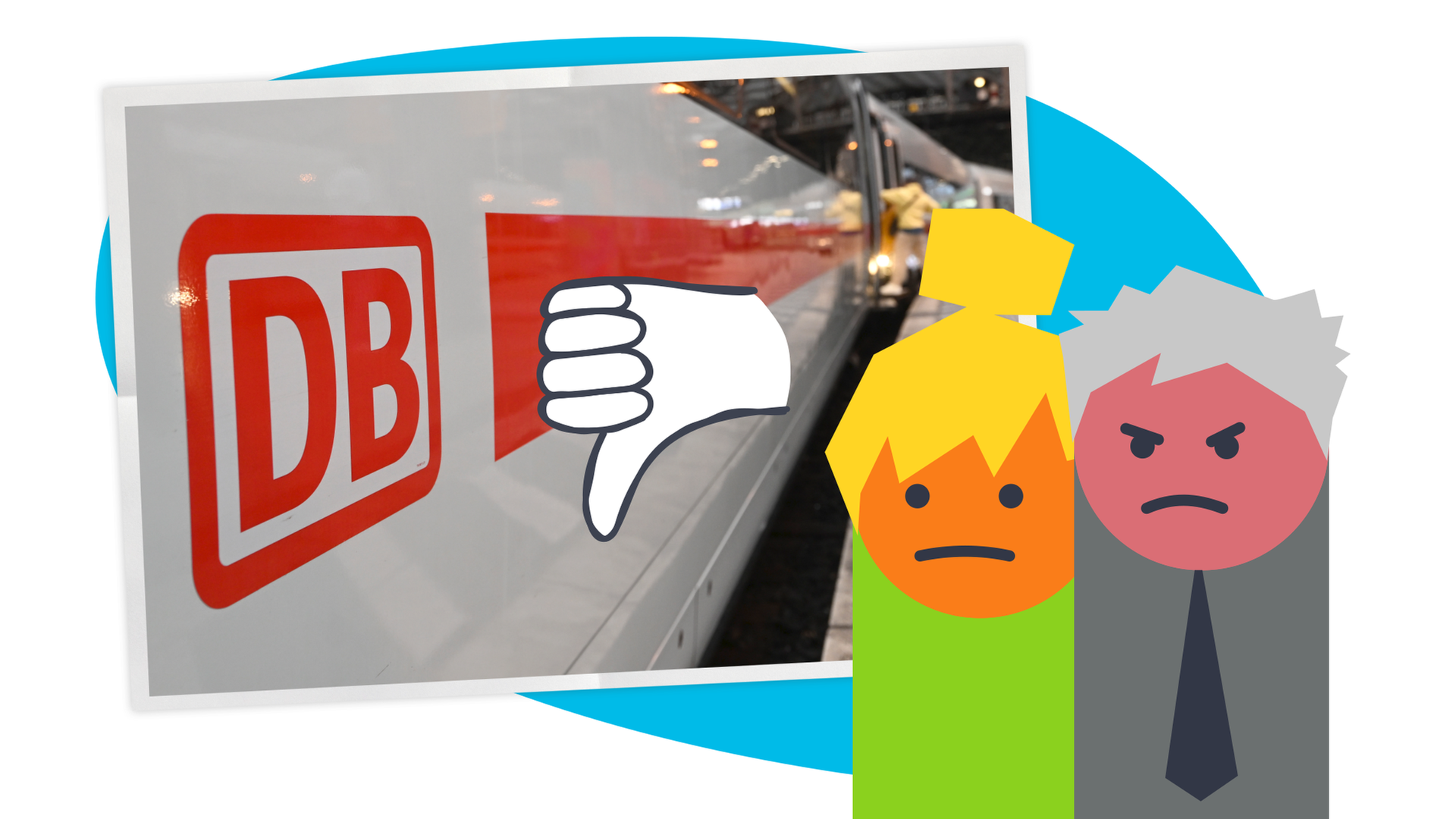 Bahn-Logo und wütende Figuren