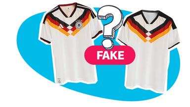 Zwei Fußball-Trikots; Fragezeichen; "FAKE"