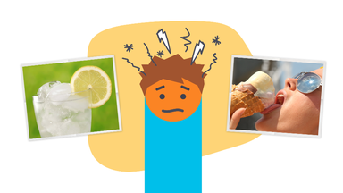 Doodle-Männchen mit Kopfschmerzen, daneben Eiswürfel und Eis schleckendes Kind