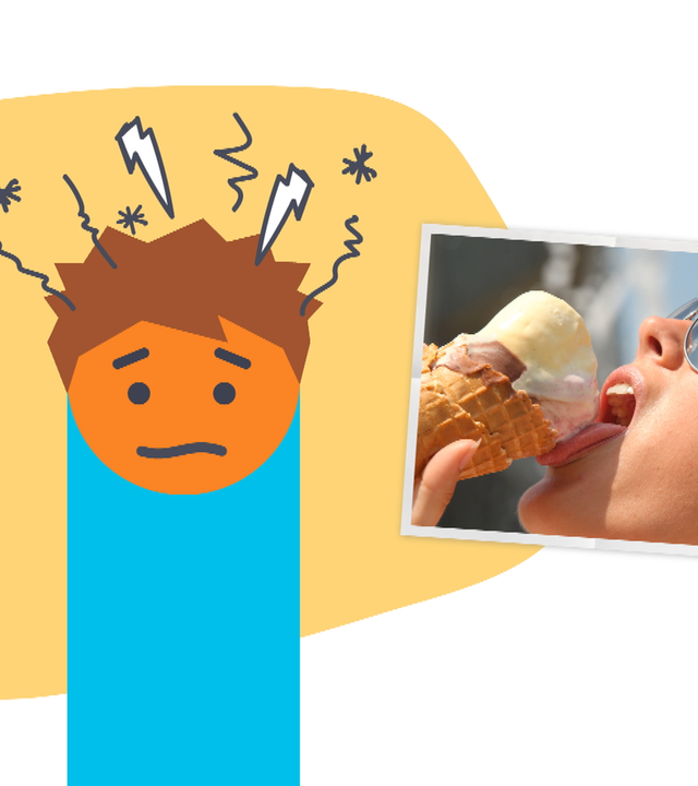 Doodle-Männchen mit Kopfschmerzen, daneben Eiswürfel und Eis schleckendes Kind