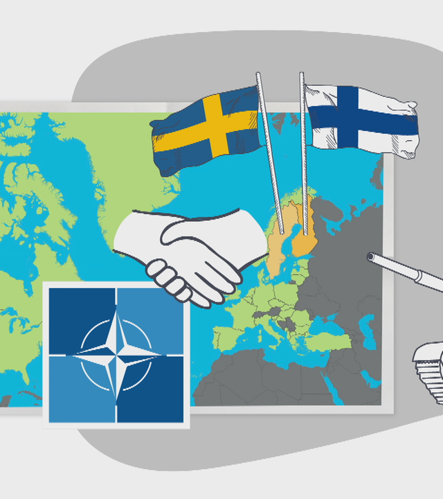 Schwedische und finnische Flagge, dazu Weltkarte und Panzer