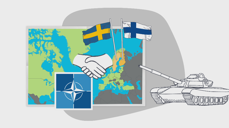 Schwedische und finnische Flagge, dazu Weltkarte und Panzer